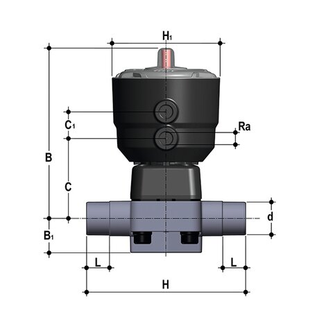 DKDC/CP NO - Supapă cu diafragmă cu 2 căi acționată pneumatic PN 10 DN 15:65