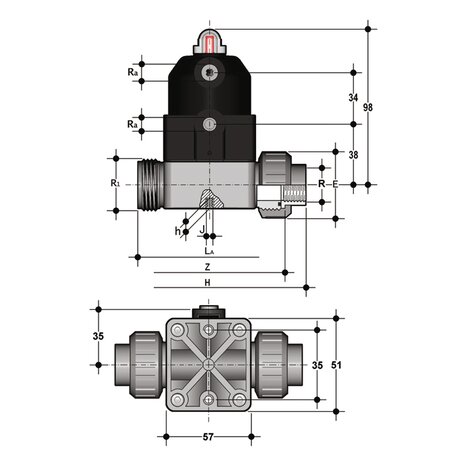 CMUFV/CP NO - Pneumatically actuated compact diaphragm valve DN 12:15